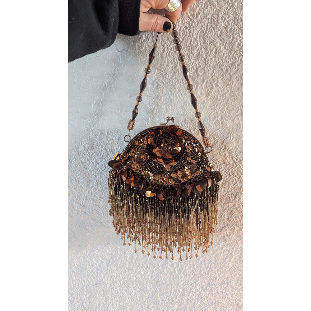Vintage Style Bronze Beaded Fringe Evening Bag Sequin Floral Kiss Lock Purse